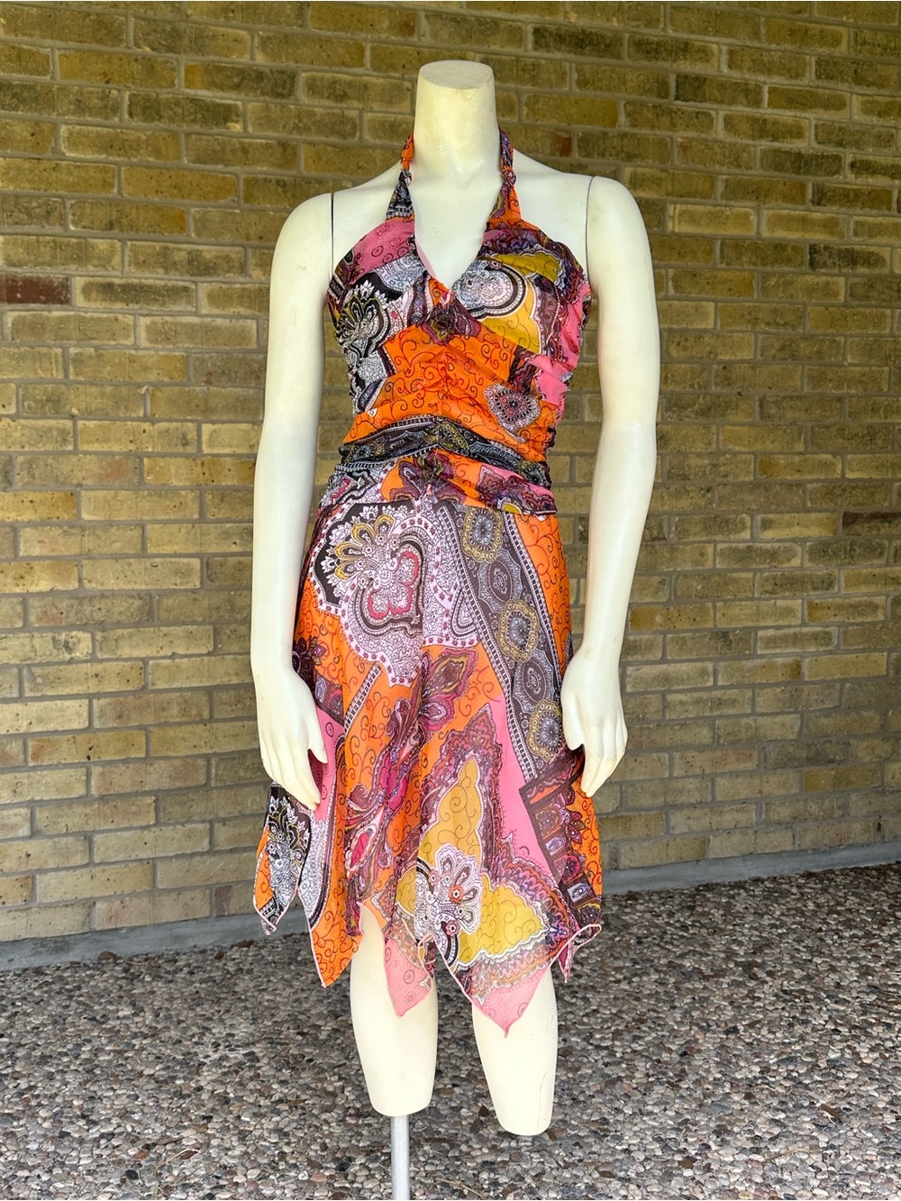 Vintage Y2K Rampage Paisley Halter Dress Asymmetrical Handkerchief Hem Beaded